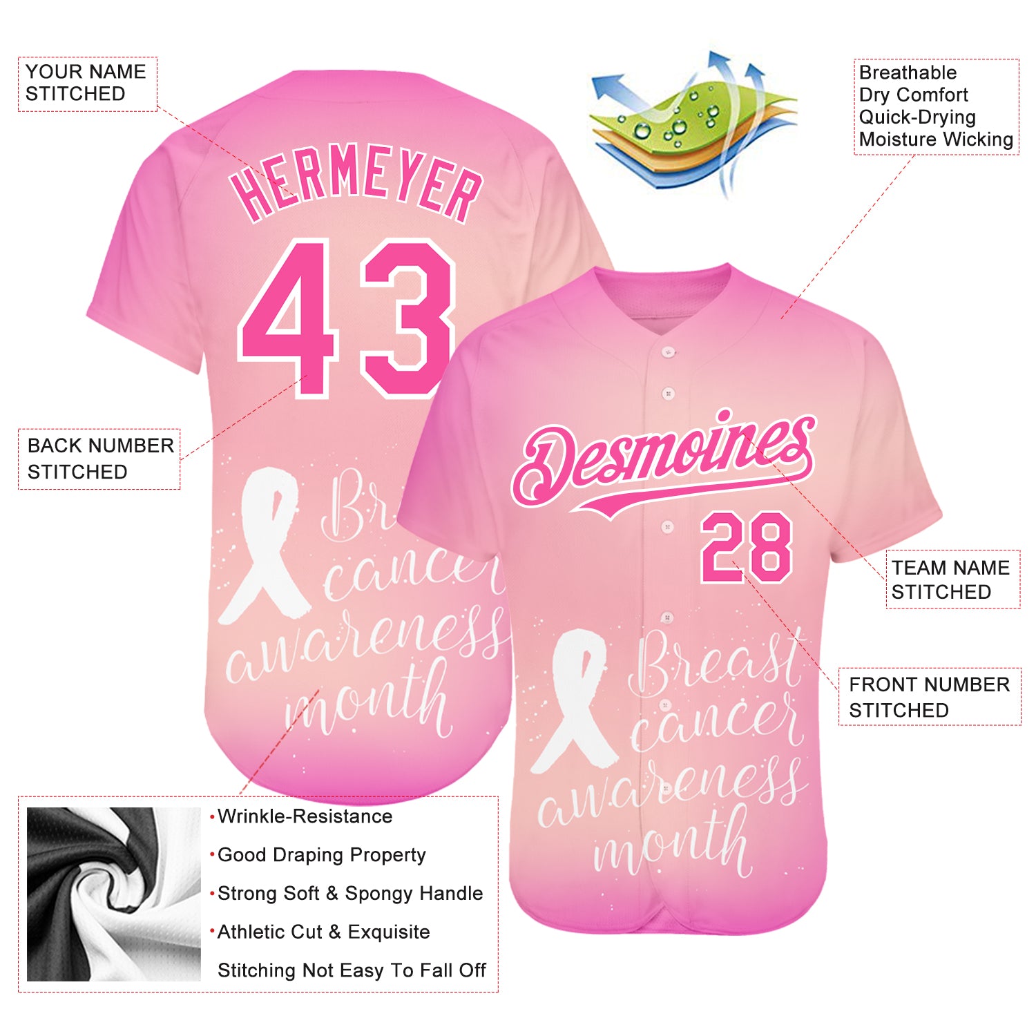 Custom Pink Ribbon Baseball Jersey Black Hot Pink 3D Breast Cancer