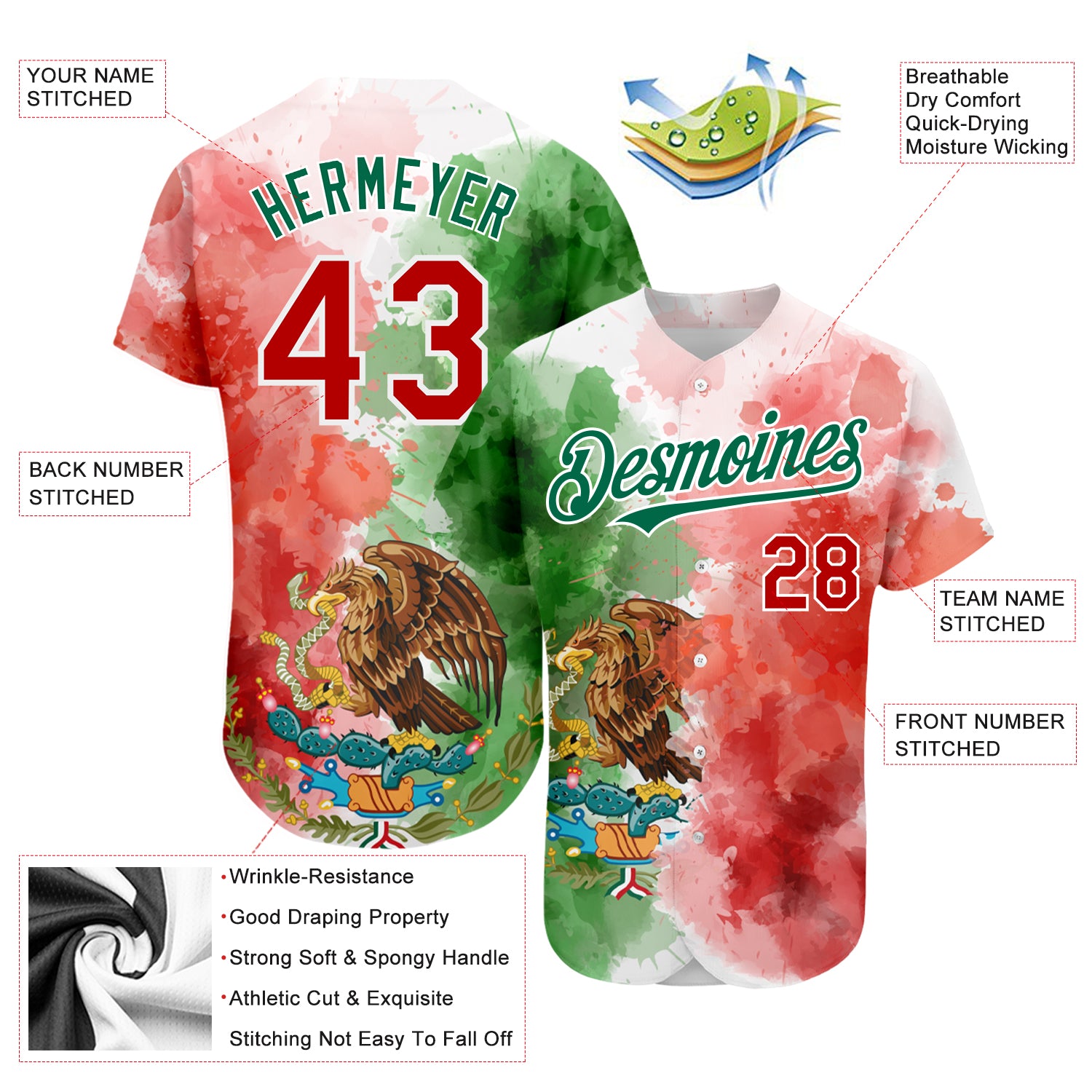 Custom White Kelly Green-Red 3D Mexico Splashes Authentic Basketball Jersey