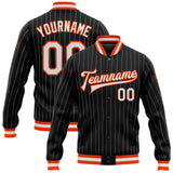 Custom Black White Pinstripe Orange Bomber Full-Snap Varsity Letterman Jacket