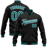 Custom Black White Pinstripe Teal Bomber Full-Snap Varsity Letterman Jacket