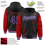 Custom Black Royal-Red Bomber Full-Snap Varsity Letterman Two Tone Hoodie Jacket