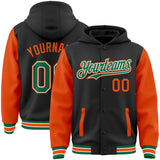 Custom Black Kelly Green-Orange Bomber Full-Snap Varsity Letterman Two Tone Hoodie Jacket