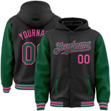 Custom Black Kelly Green-Pink Bomber Full-Snap Varsity Letterman Two Tone Hoodie Jacket