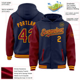 Custom Navy Crimson-Gold Bomber Full-Snap Varsity Letterman Two Tone Hoodie Jacket