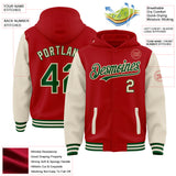 Custom Red Green-Cream Bomber Full-Snap Varsity Letterman Two Tone Hoodie Jacket