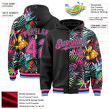 Custom Black Pink-Light Blue Tropical Palm Leaves 3D Bomber Full-Snap Varsity Letterman Hoodie Jacket