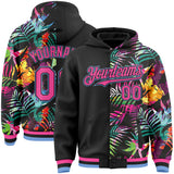 Custom Black Pink-Light Blue Tropical Palm Leaves 3D Bomber Full-Snap Varsity Letterman Hoodie Jacket