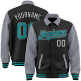 Custom Black Teal-Gray Bomber Full-Snap Varsity Letterman Two Tone Lapel Collar Byron Jacket