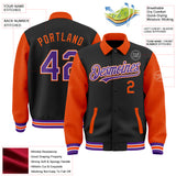 Custom Black Purple-Orange Bomber Full-Snap Varsity Letterman Two Tone Lapel Collar Byron Jacket