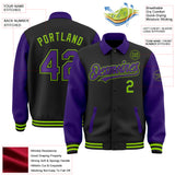 Custom Black Purple-Neon Green Bomber Full-Snap Varsity Letterman Two Tone Lapel Collar Byron Jacket