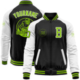 Custom Black Neon Green-White Bomber Varsity Letterman Two Tone Zipper Jacket