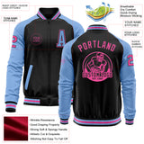 Custom Black Pink-Light Blue Bomber Varsity Letterman Two Tone Zipper Jacket