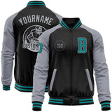 Custom Black Teal-Gray Bomber Varsity Letterman Two Tone Zipper Jacket