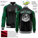 Custom Black Kelly Green-White Bomber Varsity Letterman Two Tone Zipper Jacket