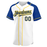 Custom White Royal-Yellow Authentic Raglan Sleeves Baseball Jersey