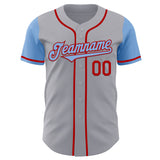 Custom Gray Light Blue-Red Authentic Two Tone Baseball Jersey