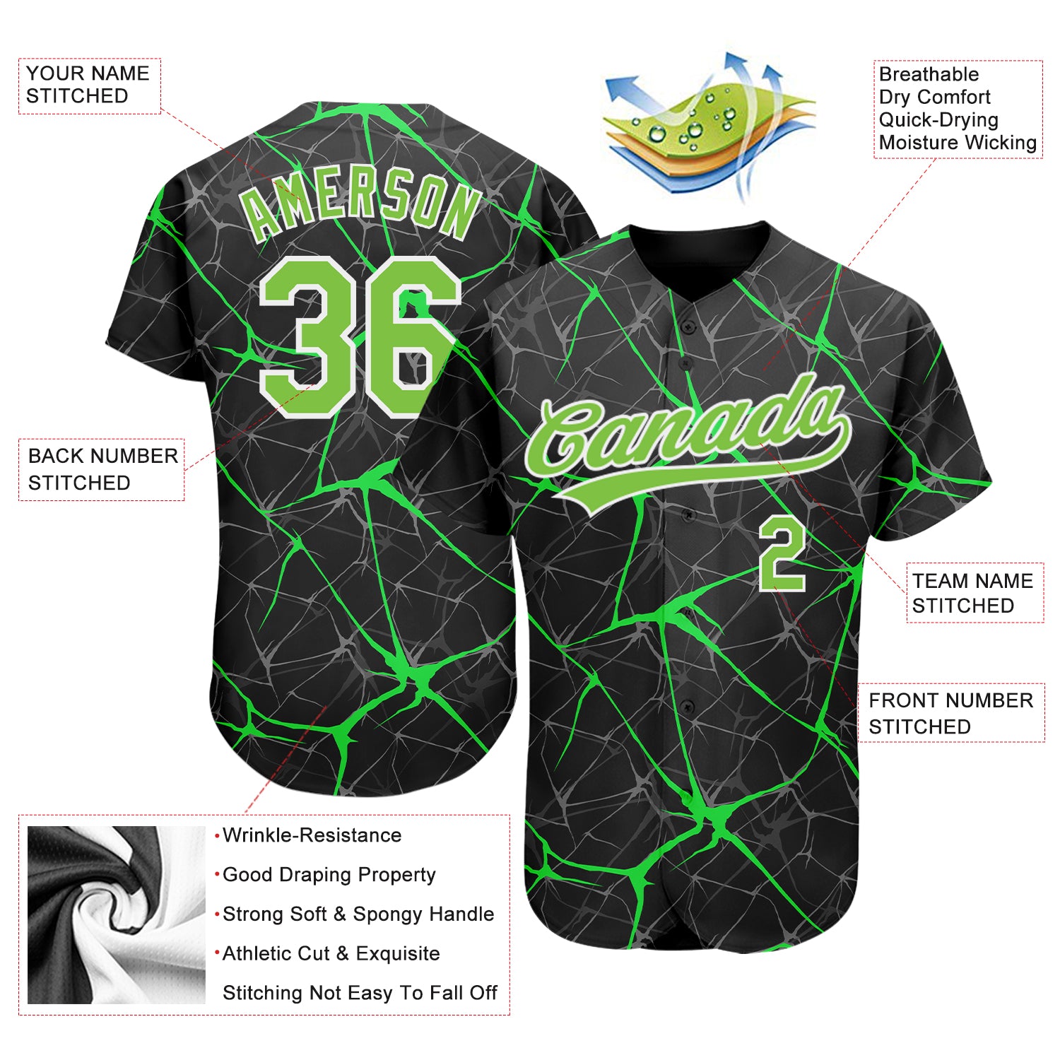 Custom Neon Green Black-White 3D Pattern Design Authentic Baseball