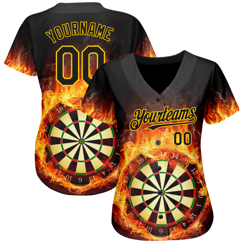 Custom Baseball Jersey Black Gold 3D Pattern Design Flame Dart Board Authentic Men's Size:XL