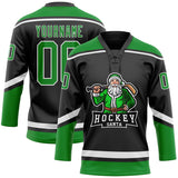 Custom Black Grass Green-White Christmas Santa Claus 3D Hockey Lace Neck Jersey