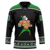 Custom Black Grass Green-White Christmas Santa Claus 3D Hockey Lace Neck Jersey