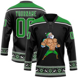 Custom Black Grass Green-White Christmas Santa Claus 3D Hockey Lace Neck Jersey