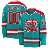 Custom Aqua Red-White Hockey Jersey