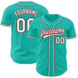 Custom Aqua White-Red Authentic Baseball Jersey