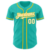 Custom Aqua White Pinstripe White-Yellow Authentic Baseball Jersey