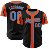 Custom Black Electric Blue-Orange 3 Colors Arm Shapes Authentic Baseball Jersey