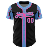 Custom Black Pink-Light Blue 3 Colors Arm Shapes Authentic Baseball Jersey