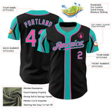 Custom Black Pink-Aqua 3 Colors Arm Shapes Authentic Baseball Jersey