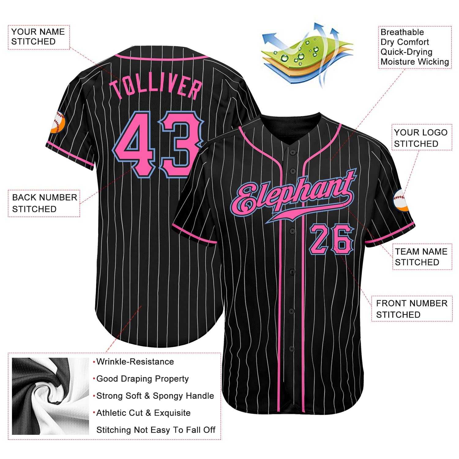 Custom Black White Strip Pink-Light Blue Authentic Baseball Jersey Sale  Online – UKSN INC