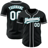 Custom Black Teal Pinstripe White-Gray Authentic Baseball Jersey