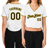 Custom Women's White Black-Gold V-Neck Cropped Baseball Jersey
