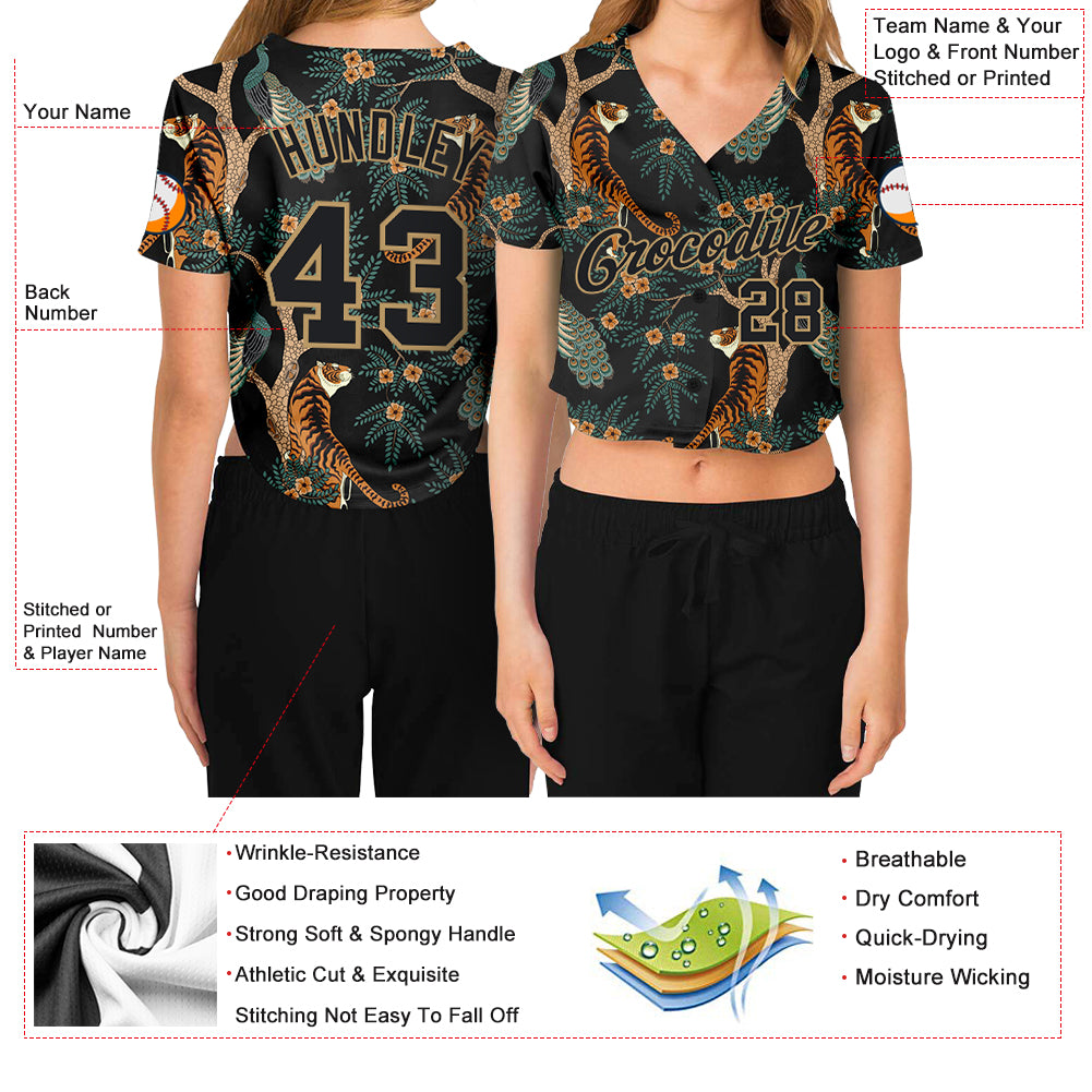 Custom Black Black-Old Gold 3D Pattern Design Tiger And Peacock Authentic  Baseball Jersey