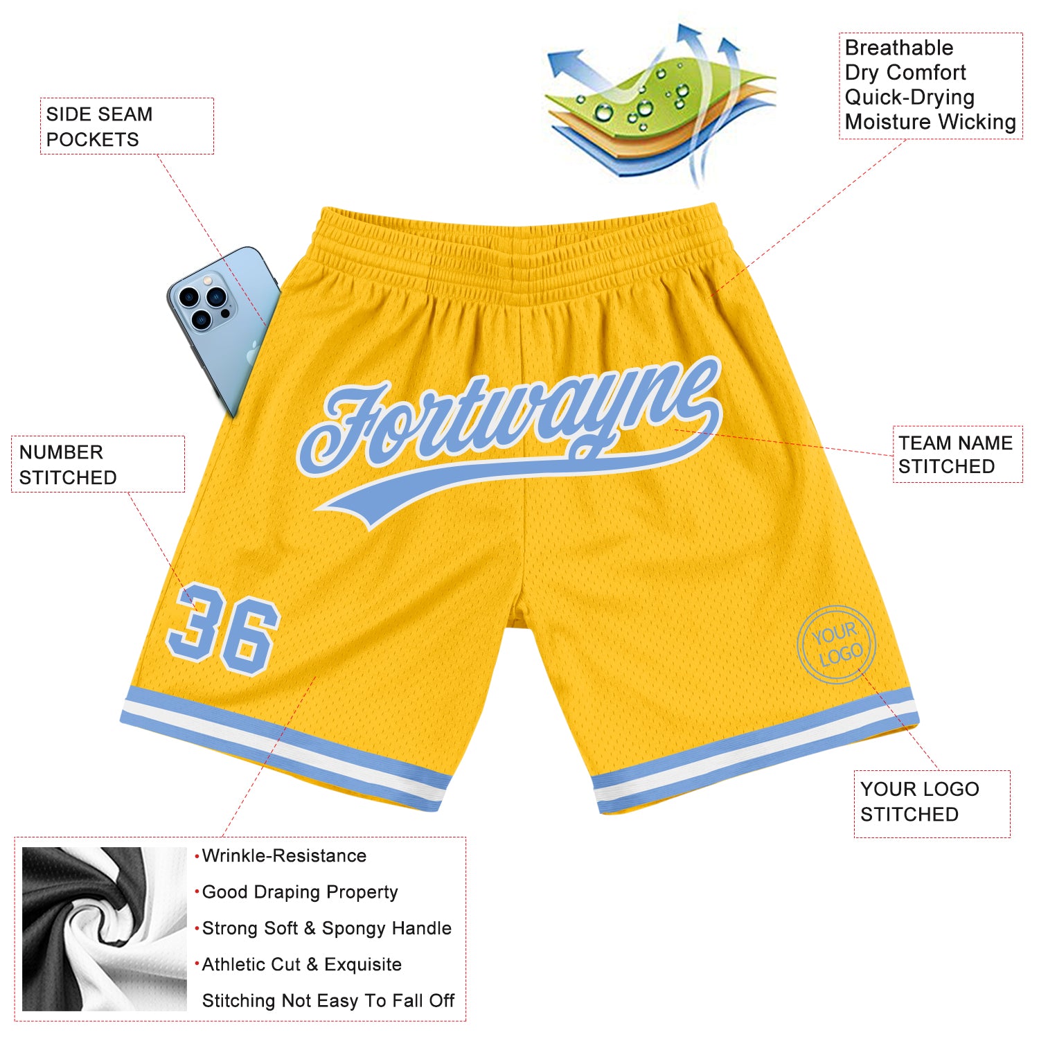 Custom Light Blue White-Gold Authentic Throwback Basketball