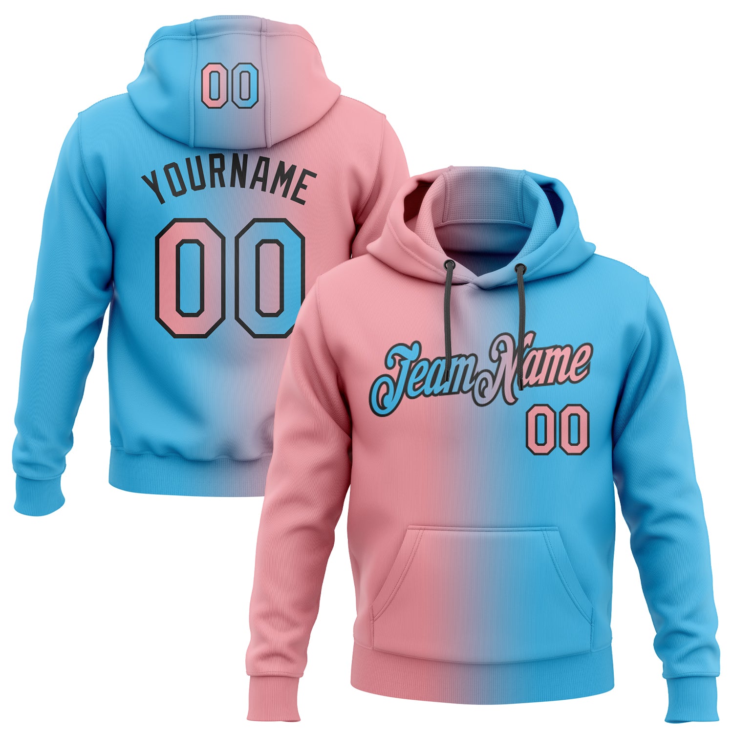 Custom Stitched Sky Blue Medium Pink Black Gradient Fashion Sports Pullover Sweatshirt Hoodie Sale UKSN INC