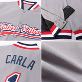 Custom Gray Navy White-Red Bomber Full-Snap Varsity Letterman Jacket