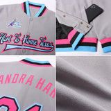 Custom Gray Pink Black-Light Blue Bomber Full-Snap Varsity Letterman Jacket