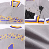 Custom Gray Purple-Gold Bomber Full-Snap Varsity Letterman Jacket