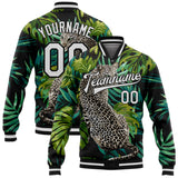 Custom Black White Leopard And Tropical Palm Plants 3D Bomber Full-Snap Varsity Letterman Jacket