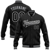 Custom Black White Pinstripe Black-Gray Bomber Full-Snap Varsity Letterman Jacket