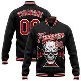 Custom Black Red-White Skull With Cross Logo 3D Bomber Full-Snap Varsity Letterman Jacket