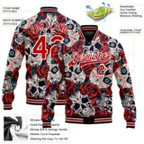 Custom Black Red-White Skull With Flower 3D Bomber Full-Snap Varsity Letterman Jacket