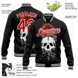 Custom Black Red-White Skull With Flower 3D Bomber Full-Snap Varsity Letterman Jacket