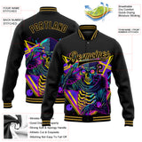 Custom Black Old Gold Psychedelic Skeleton Metal Apparel Dark Art 3D Bomber Full-Snap Varsity Letterman Jacket