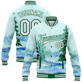 Custom Aqua White-Kelly Green Watercolor Winter Landscape With Snowy Trees 3D Pattern Design Bomber Full-Snap Varsity Letterman Jacket