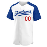 Custom White Royal-Red Authentic Raglan Sleeves Baseball Jersey