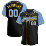 Custom Black Light Blue-Yellow Authentic Raglan Sleeves Baseball Jersey