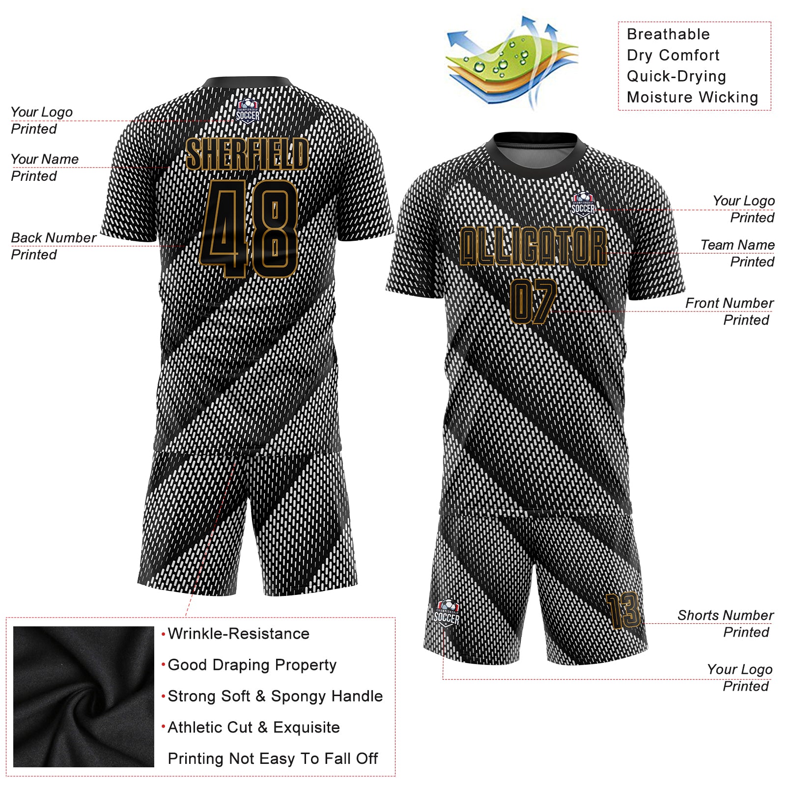 Custom White Black-Old Gold Sublimation Soccer Uniform Jersey in